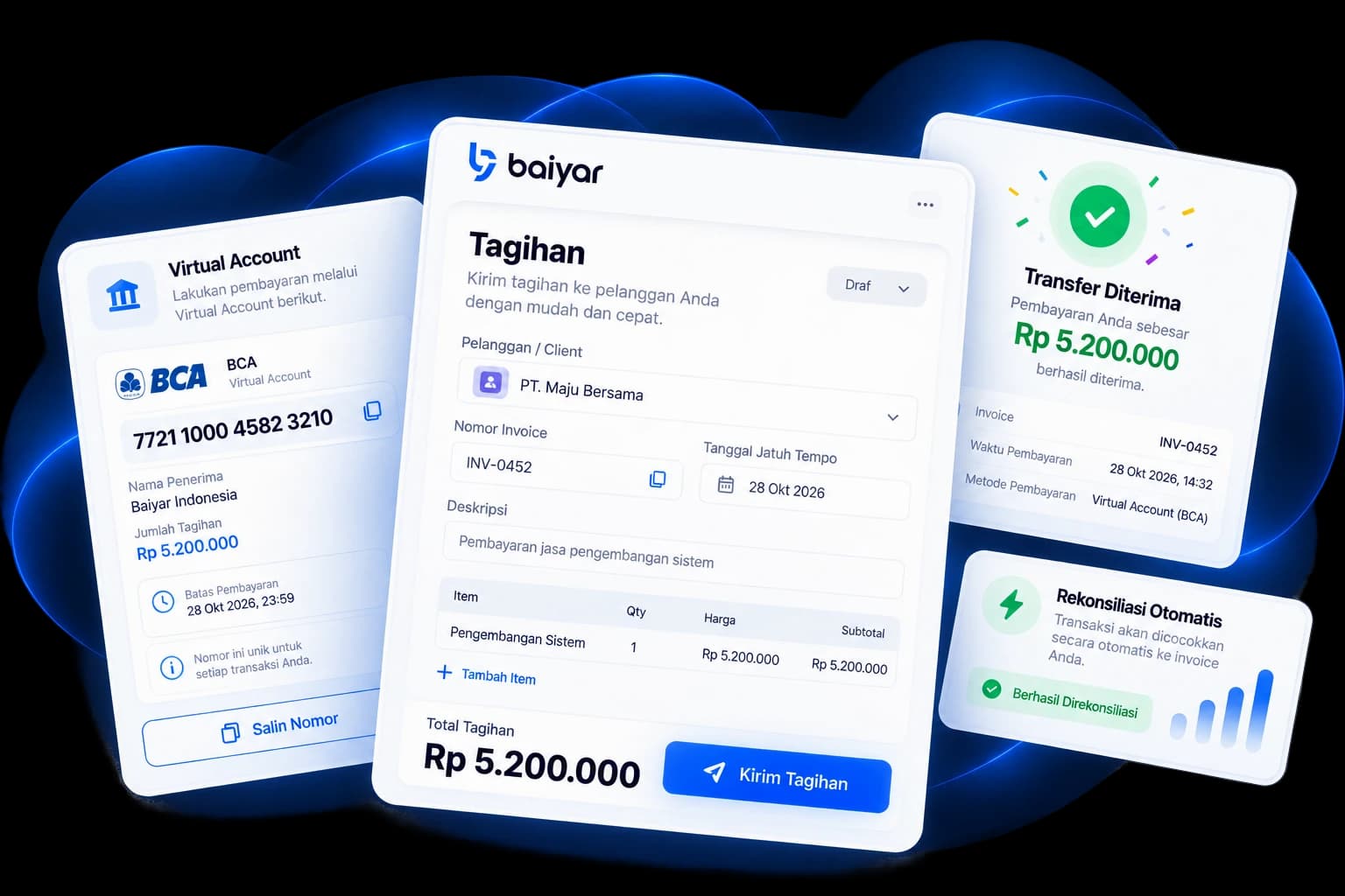 Kartu tagihan dengan detail invoice dan tombol kirim tagihan, kartu detail Virtual Account, konfirmasi transfer diterima, dan status rekonsiliasi otomatis