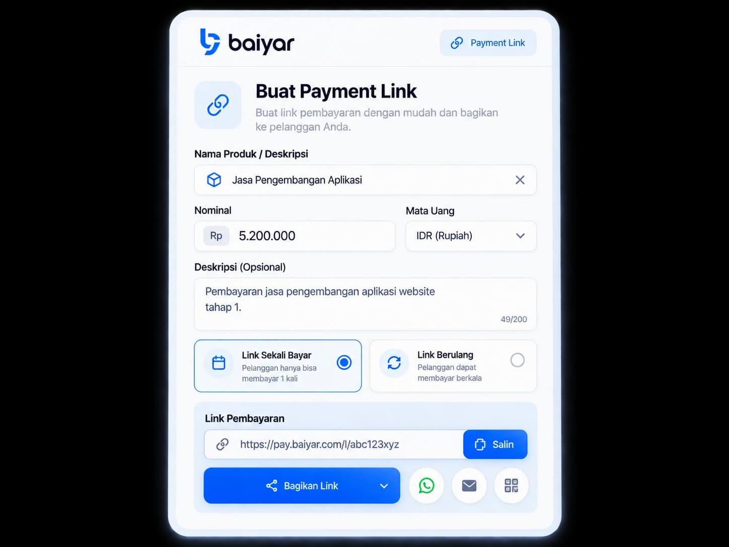 Form pembuatan Payment Link dengan nominal, deskripsi, dan link pembayaran yang siap dibagikan