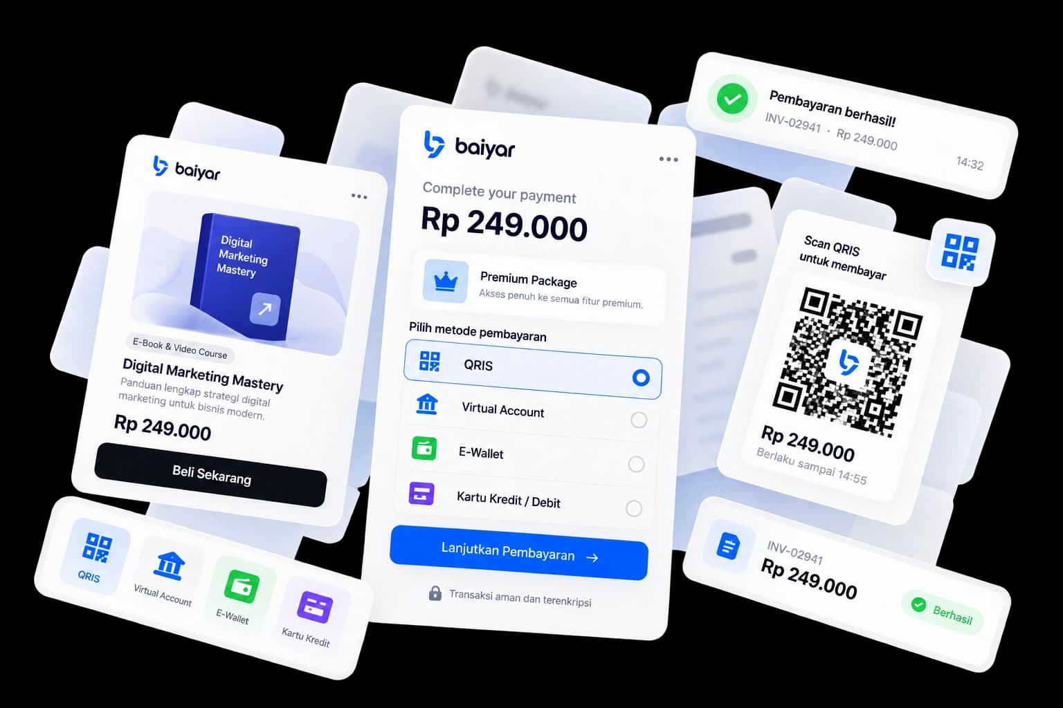 Kartu produk kursus digital, halaman checkout dengan pilihan QRIS, Virtual Account, E-Wallet, dan Kartu Kredit, kode QRIS untuk pembayaran, serta konfirmasi pembayaran berhasil