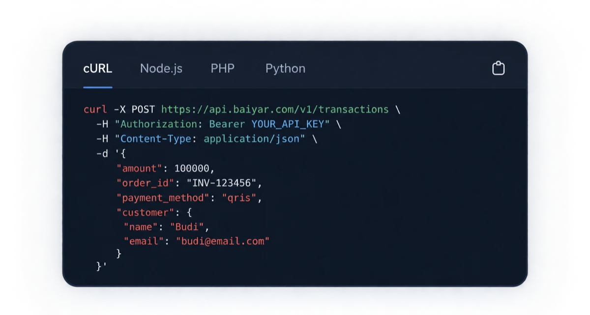 Contoh permintaan API Baiyar dengan tab cURL, Node.js, PHP, dan Python