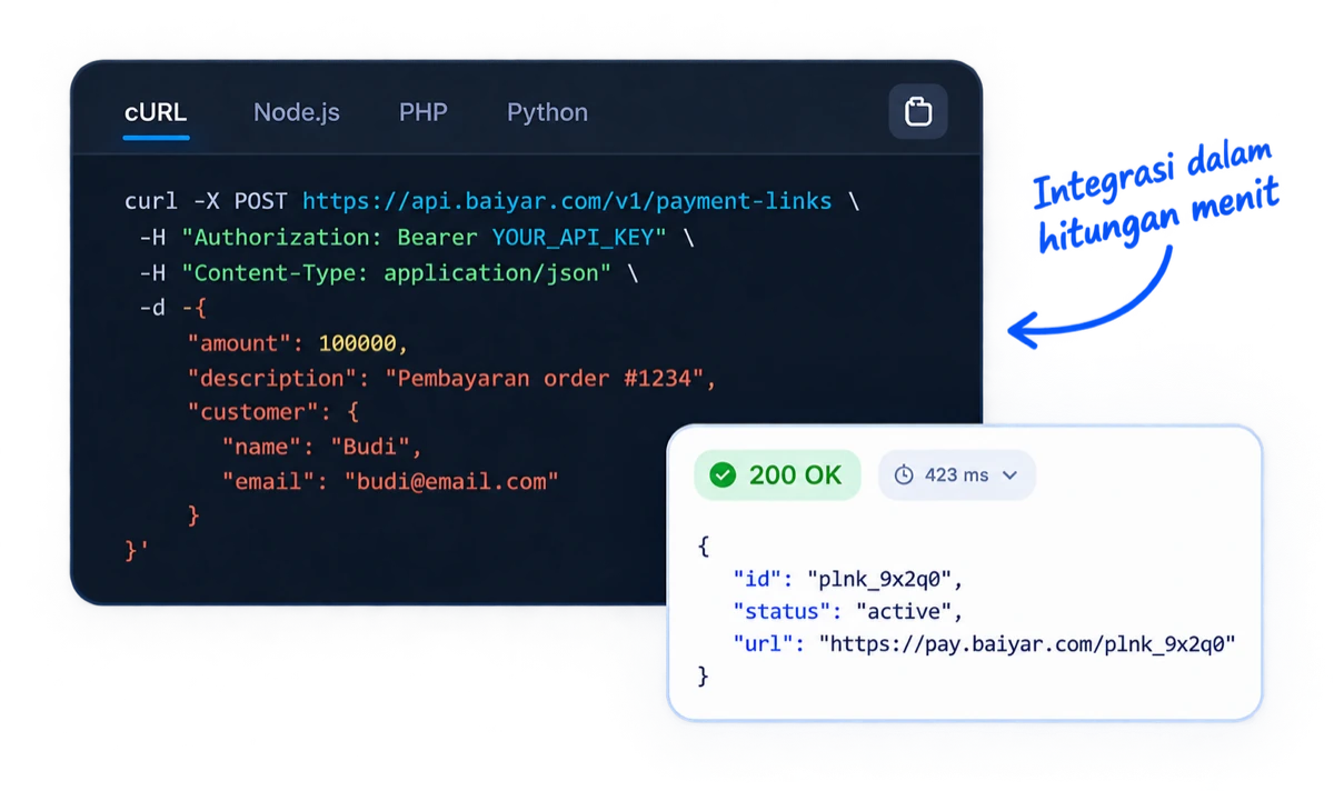 Contoh permintaan API Baiyar untuk membuat payment link, beserta response 200 OK
