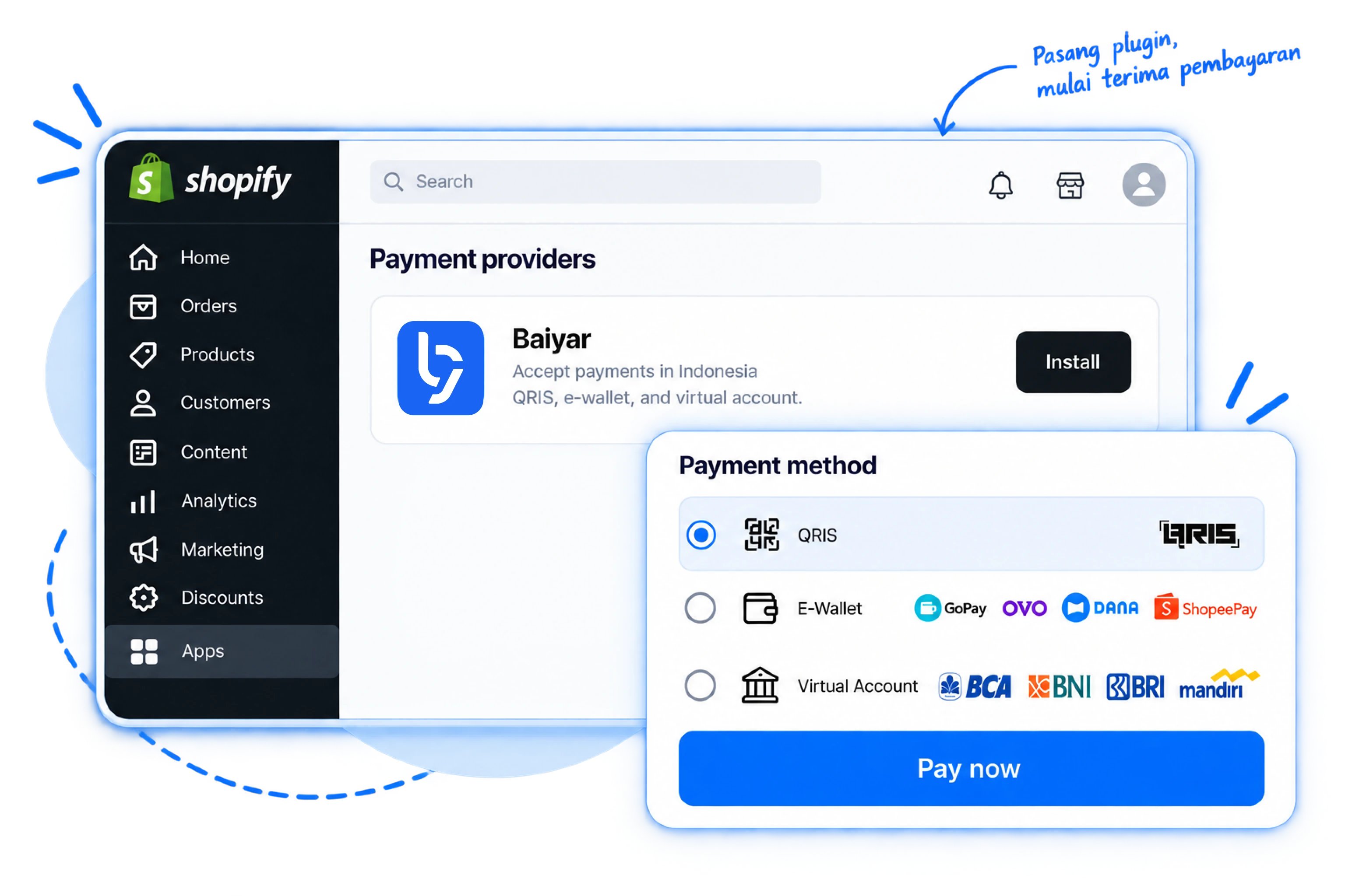 Ilustrasi rencana integrasi plugin Baiyar untuk WooCommerce dan Shopify